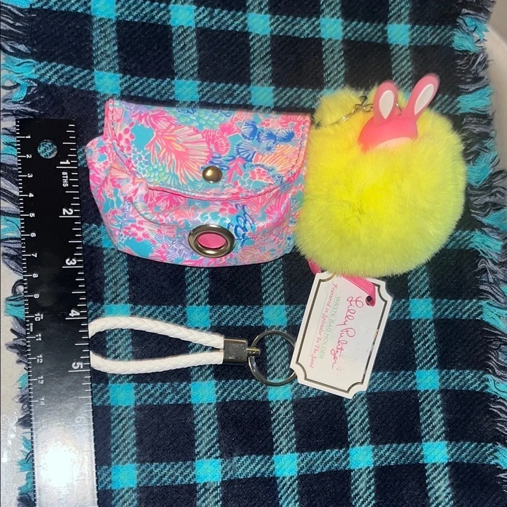 Lilly Pulitzer Waste Bag Holder  with Yellow Pom Pom and White Leather Keychain